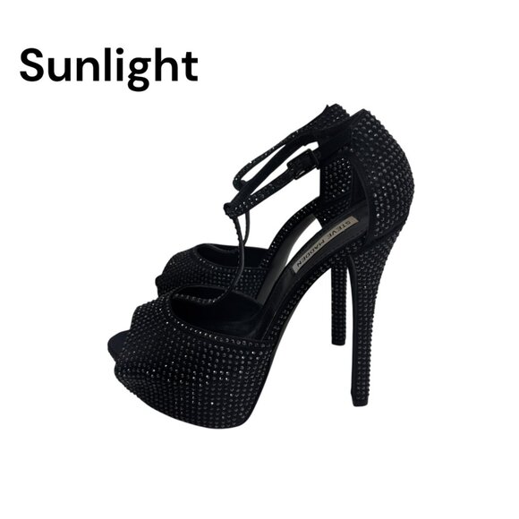 Steve Madden Rhinestone-Studded Black Peep Toe Stiletto Heels Womens SZ 9M - Picture 1 of 16